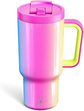 Meoky 32 oz Tumbler with Handle and Flip Straw, 100% Leakproof Tumbler with Lid and Straw, Stainless Steel Insulated Cup, Cupholder Friendly, Keeps Cold for 24 Hours Carnival