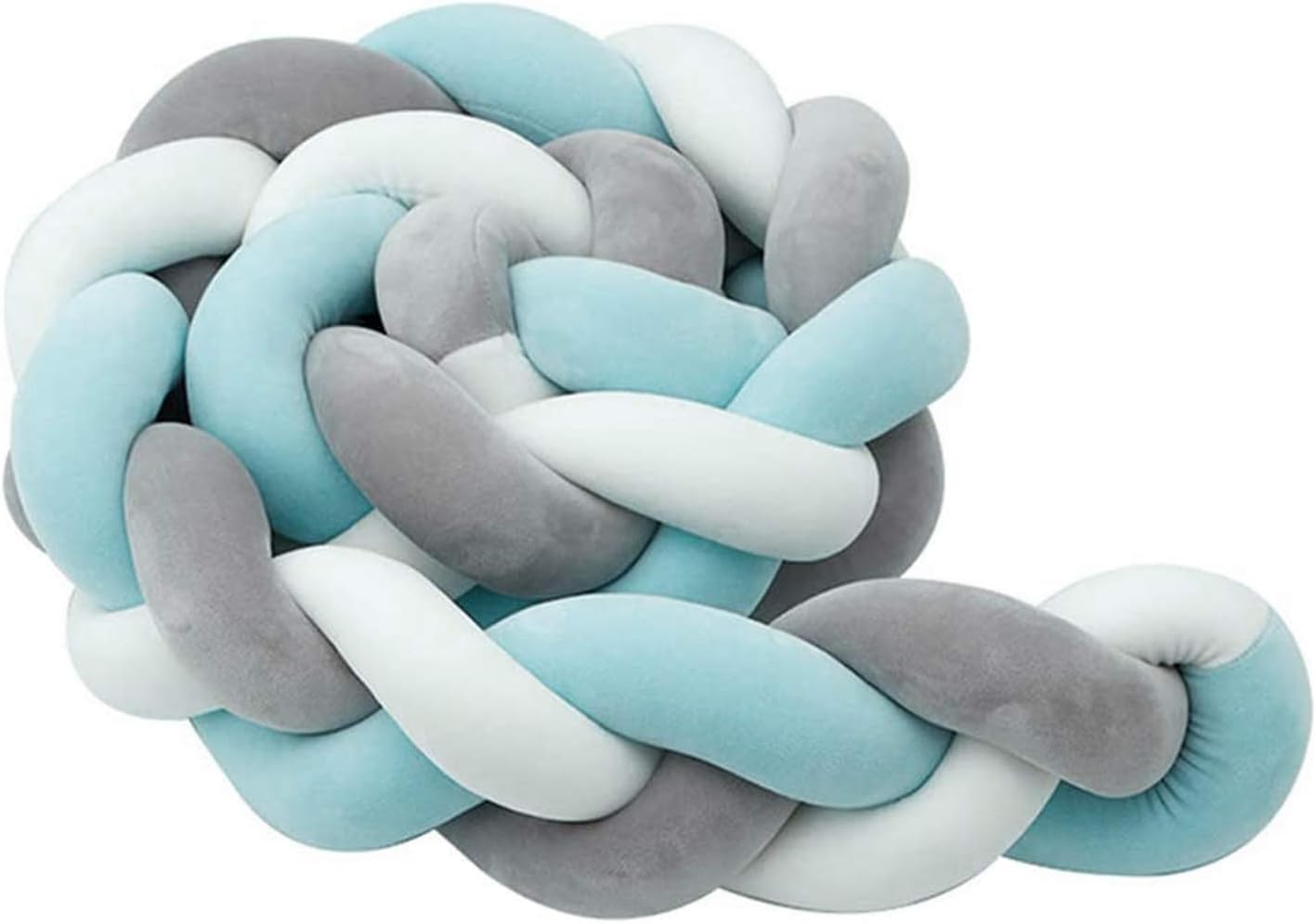 DQMEN Braid Pillow, Baby Crib Bumper Cushion Plush Knot Pillow Baby's Room Decoration (White + Blue + Gray, 100cm/39inch)