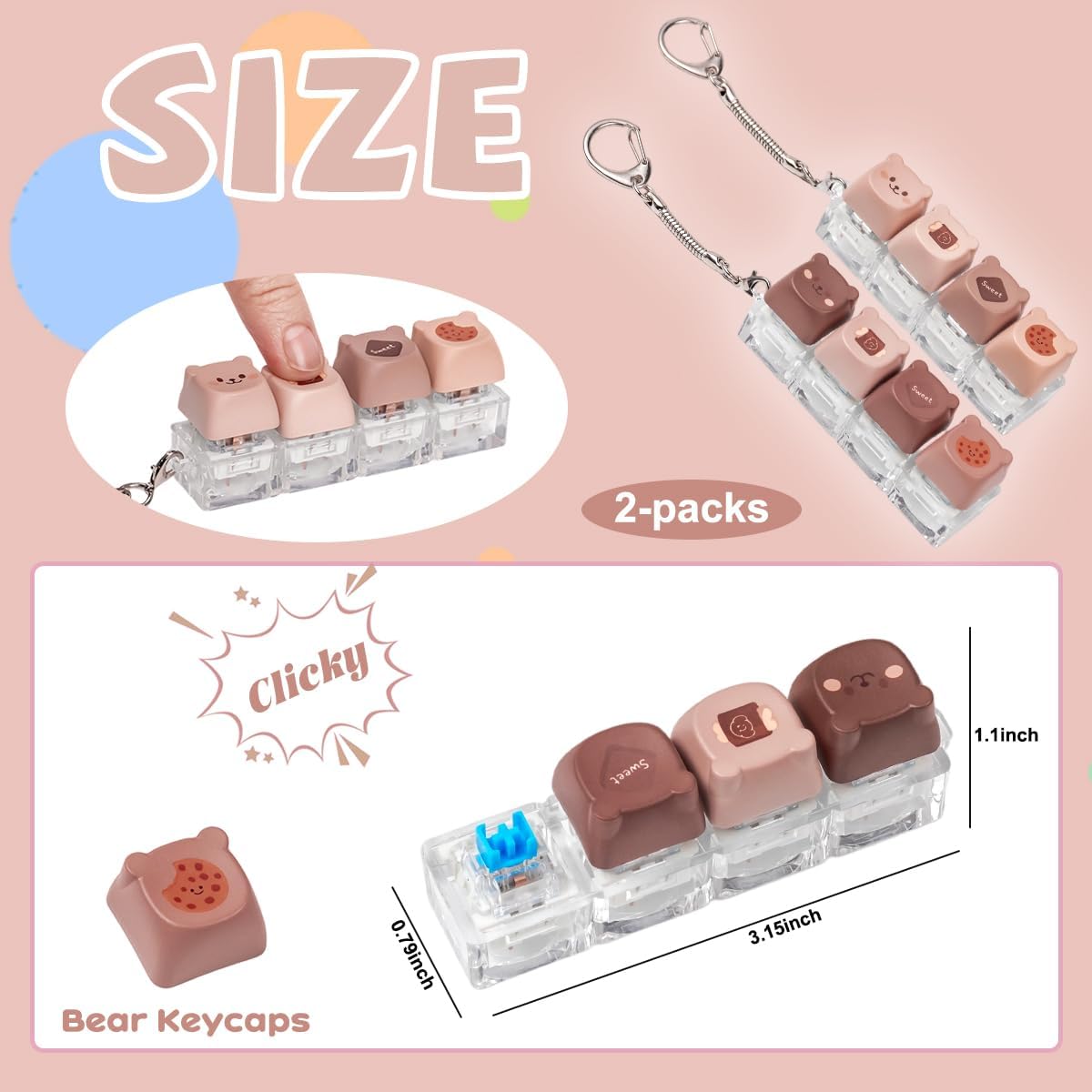 2 Pcs Keyboard Fidget Toys for Adults, Cute Bear Fidget Keyboard Clicker Keychain Brown Button Finger Clicker Toy for Anxiety ADHD Stress Relief Gift (Brown Coffee)