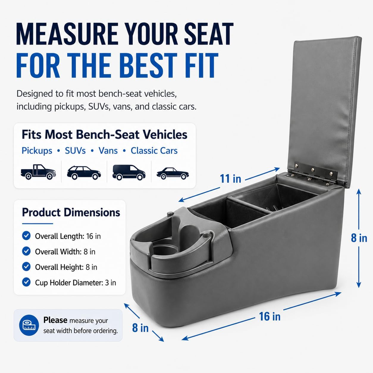 Universal Truck Bench Seat Center Console, Large Armrest Organizer with Storage Box & Dual Cup Holders for Pickups, SUVs, Vans & Classic Cars, Grey