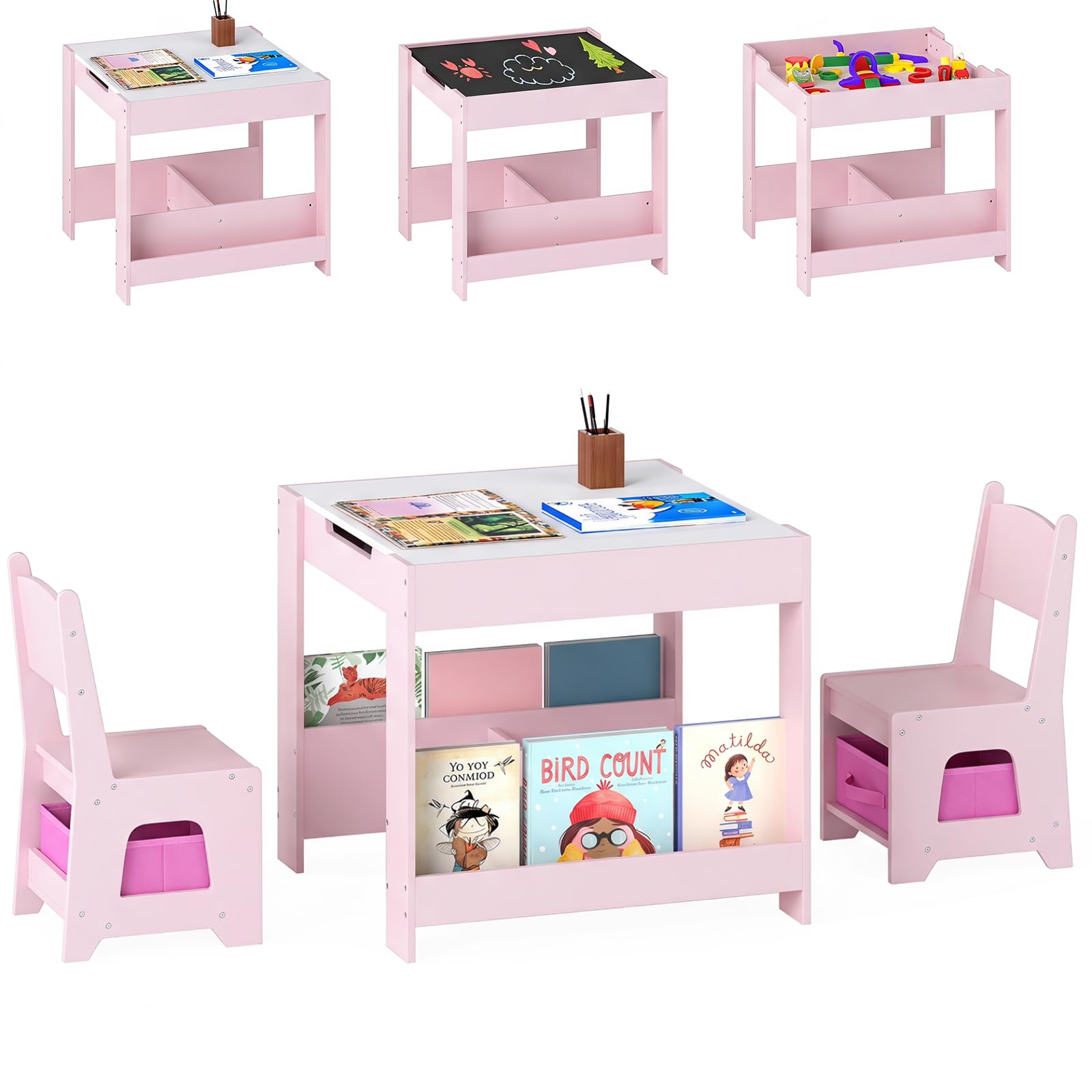GYMAX Kids Table and Chairs Set, 4 in 1 Children Activity Desk
