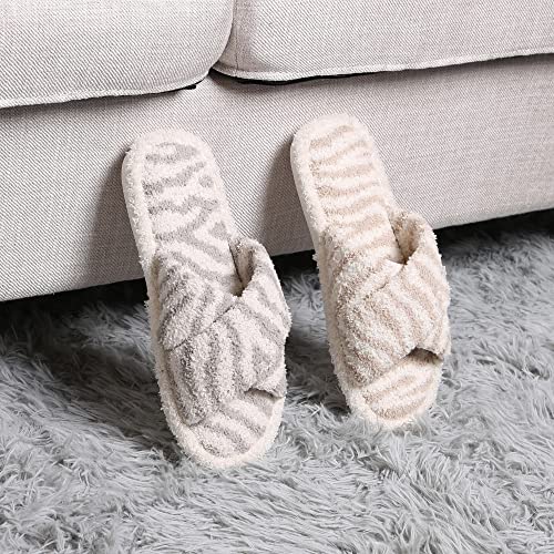 Mirmaru Women’s Animal Print Comfort Fluffy Fuzzy Slip On House Slippers Open Toe Cross Band Indoor Outdoor Non-Slip Slippers For Women (Zebra Crossband, Beige, Ml) #TOP6