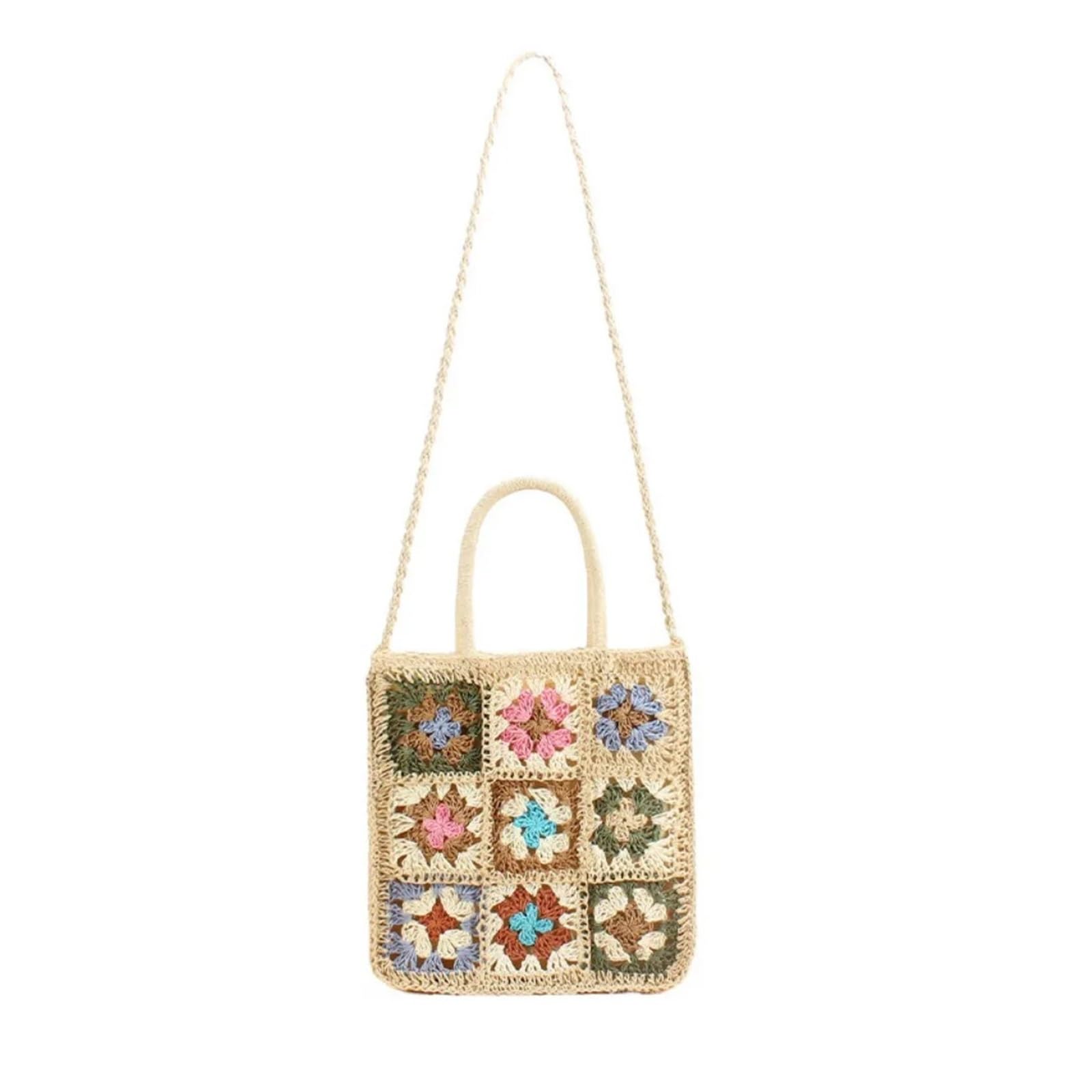 Bolso Ganchillo Flores Bolso de mano de gran capacidad tejido a mano con flores de ganchillo, bolso de paja tejido a mano, portátil