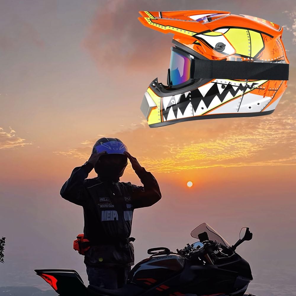 Casque de Motocross Pour Jeunes, Casque de Moto Pour Enfants, MX, Quad, Enduro, Dirt Bike, Casque de Moto IntéGral Pour Adultes, avec Lunettes, Masque, Gants(Orange teeth,S(52-53cm))