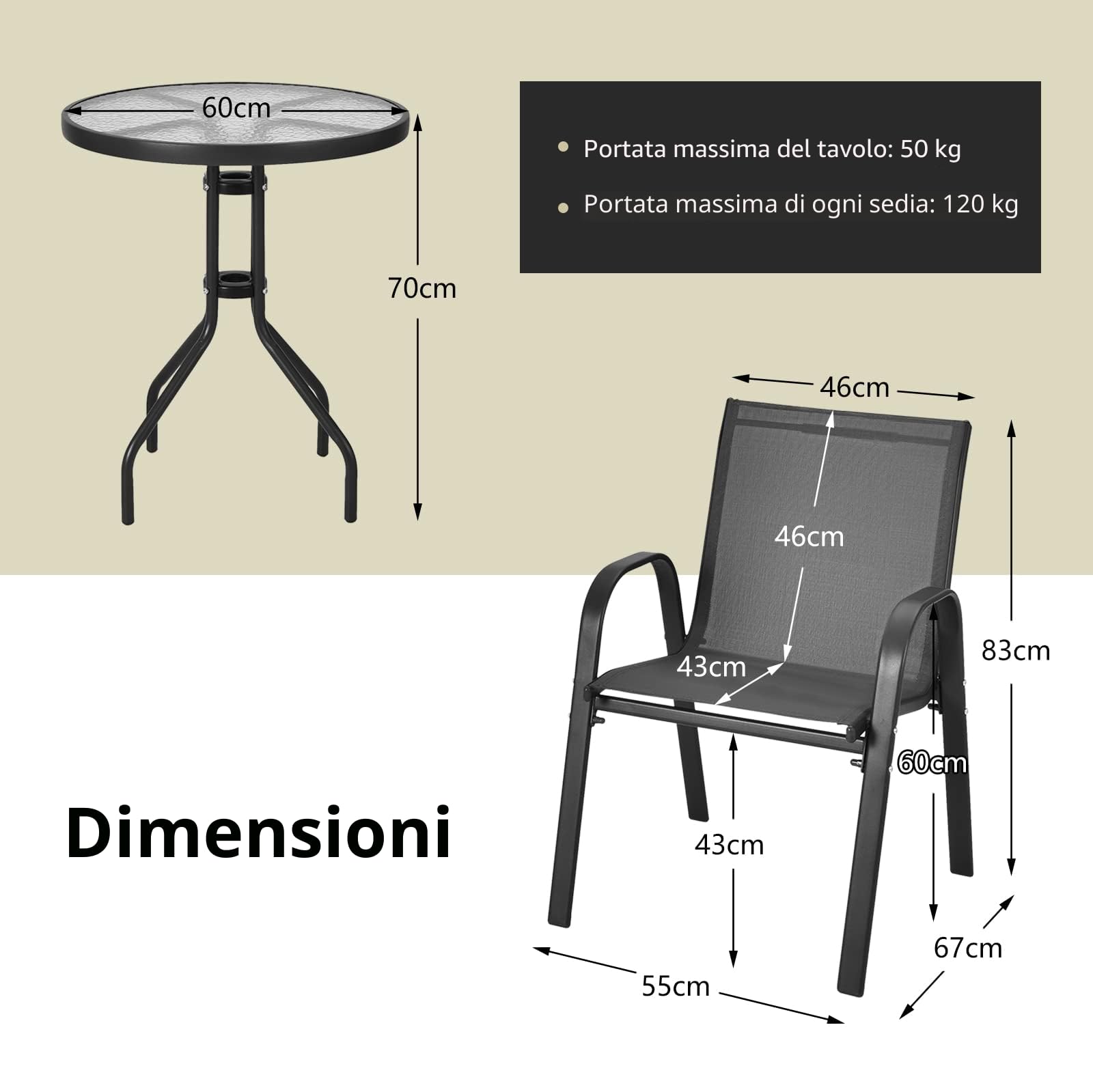 GIANTEX Set di 2 Sedie da Giardino con Tavolo in Vetro, Schienale Alto e Seduta Larga, Telaio in Acciaio Verniciato a Polvere, Tessuto Textilene Traspirante, per Balcone e Esterno (Nero)