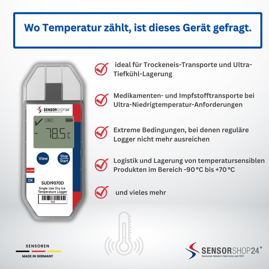 ClimateLog24 Registrador de datos de temperatura con PDF + CSV Report Single-use & Multi-Use Variantes para Farmacéutica, Alimentos y Cadena de Frío (Single-Use Dry-Ice Data Logger para temperatura