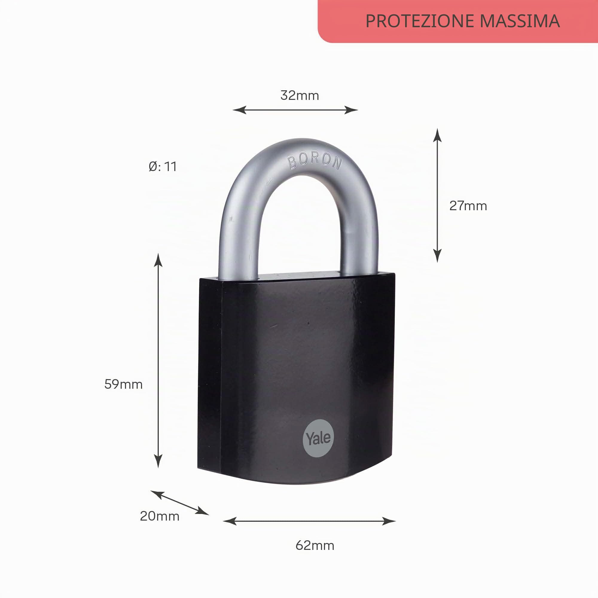 Yale Lucchetto di massima sicurezza in acciaio temprato Y300B/63/127/1 nero, corpo 62mm, arco in acciaio indurito al boro, 3 chiavi