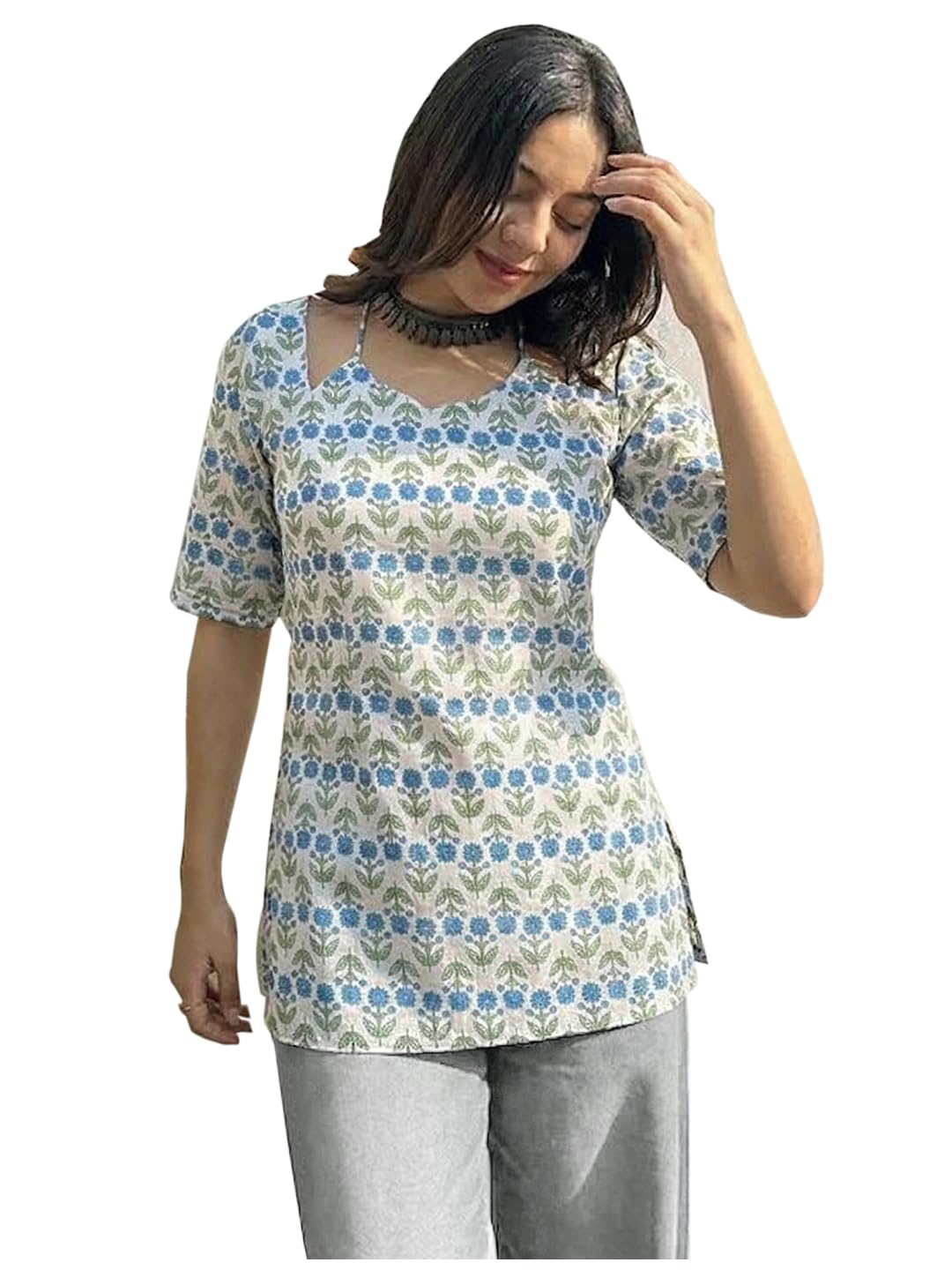 ANNI Designer Women's Viscose Blend Printed Short Kurti (TANAY White-VK15_XL_White_X-Large)