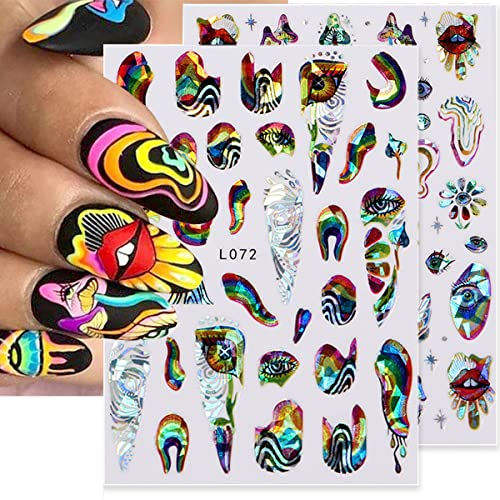 6 Sheets Iridescent Aurora Laser Nail Stickers 3D Holographic Colorful Eye Nail Art Stickers Rainbow Lines Mushroom Lip Dreamcatcher Feather Design Irregularity Abstract Nail Decals For Women Diy #TOP2