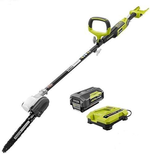 Ryobi Sierra de poste inalámbrica de iones de litio de 10 pulgadas y 40 voltios, batería de 2.6 Ah y cargador incluidos