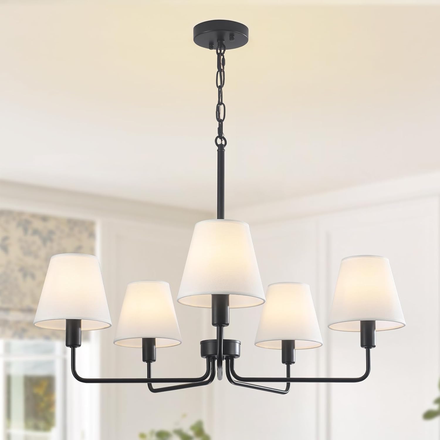 29.52" Black Farmhouse Chandelier with Fabric Shade, 5-Arm Vintage Modern Dining Room Light Fixture, Kitchen Island Pendant Hanging Foyer Light Fixture for Entryway Hallway Living Room Over Table