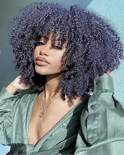 Human Hair Wig Afro Kinky Curly Human Hair Wig With Bang For Women None Lace Human Hair Wig Fringe Glueless 180% Density Human Hair Bang Wigs For Black Women Machine Made 16 Inch