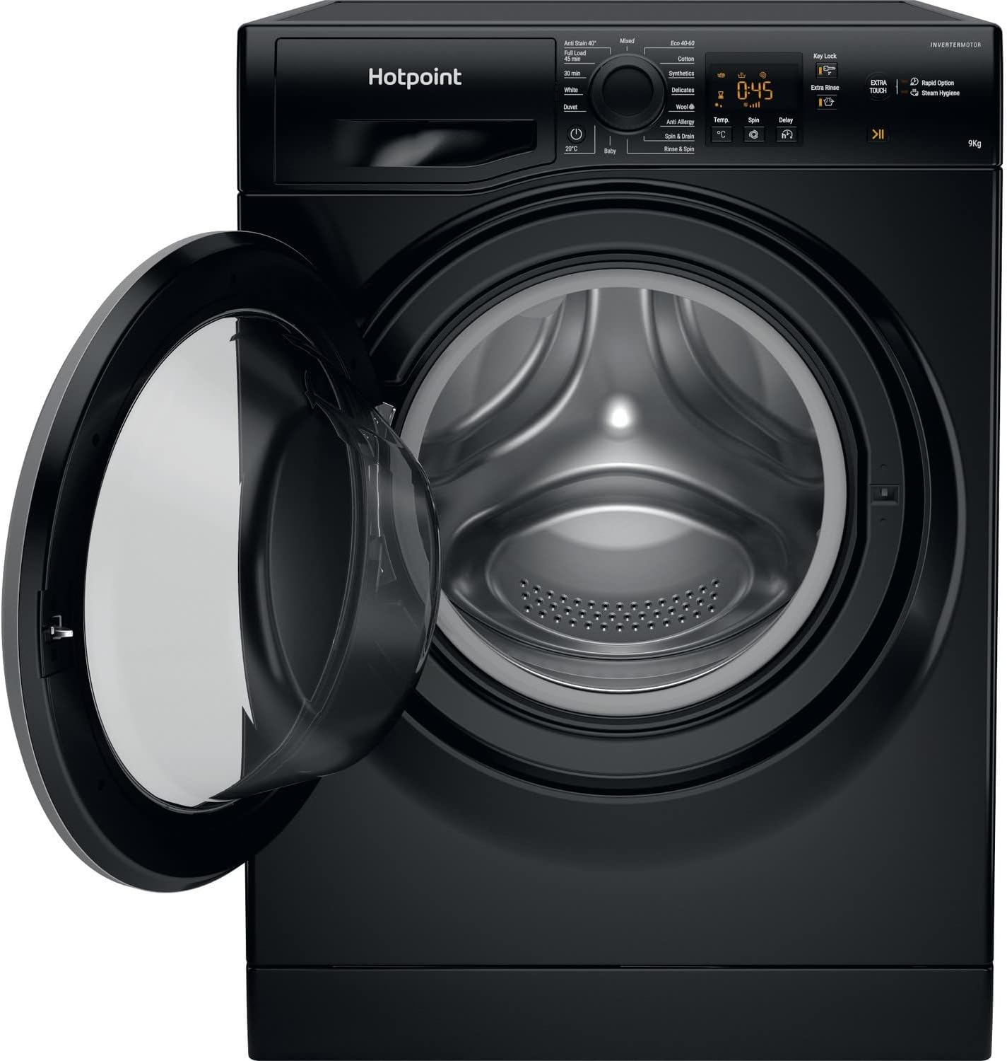 Hotpoint washing machine with its door open, revealing the spacious stainless steel drum.
