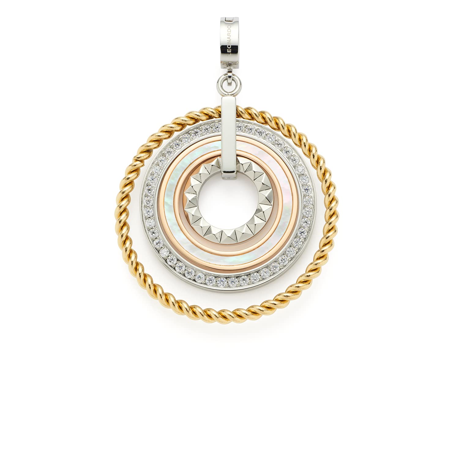 JEWELS BY LEONARDO Anhänger Clip & Mix Geometria • Ketten-Anhänger aus tricolorfarbenem Edelstahl • Ringelemente mit Perlmutt und Glaskrisallen • Clip M (4,8 mm Ø) • Schmuck Geschenk Damen • 021639