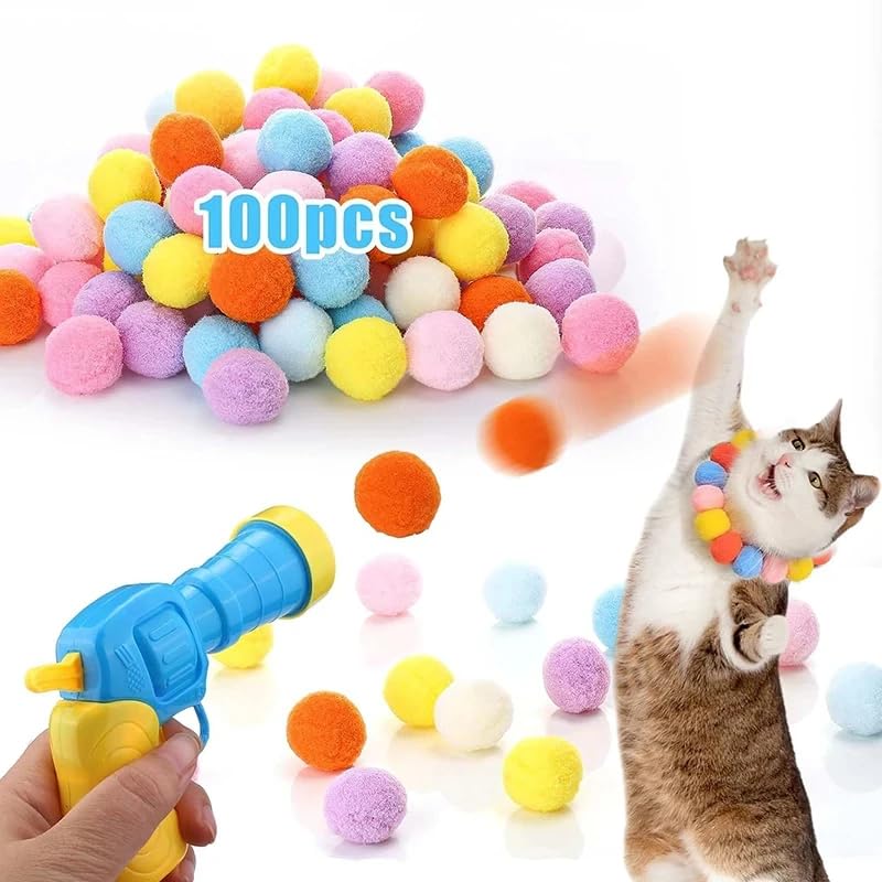 EVERNOOK Cat Toy Launcher & 100 Cat Pom Pom Balls, Interactive Cat Fetch Toy Gun for Indoor Cats, MULTI - Image 2