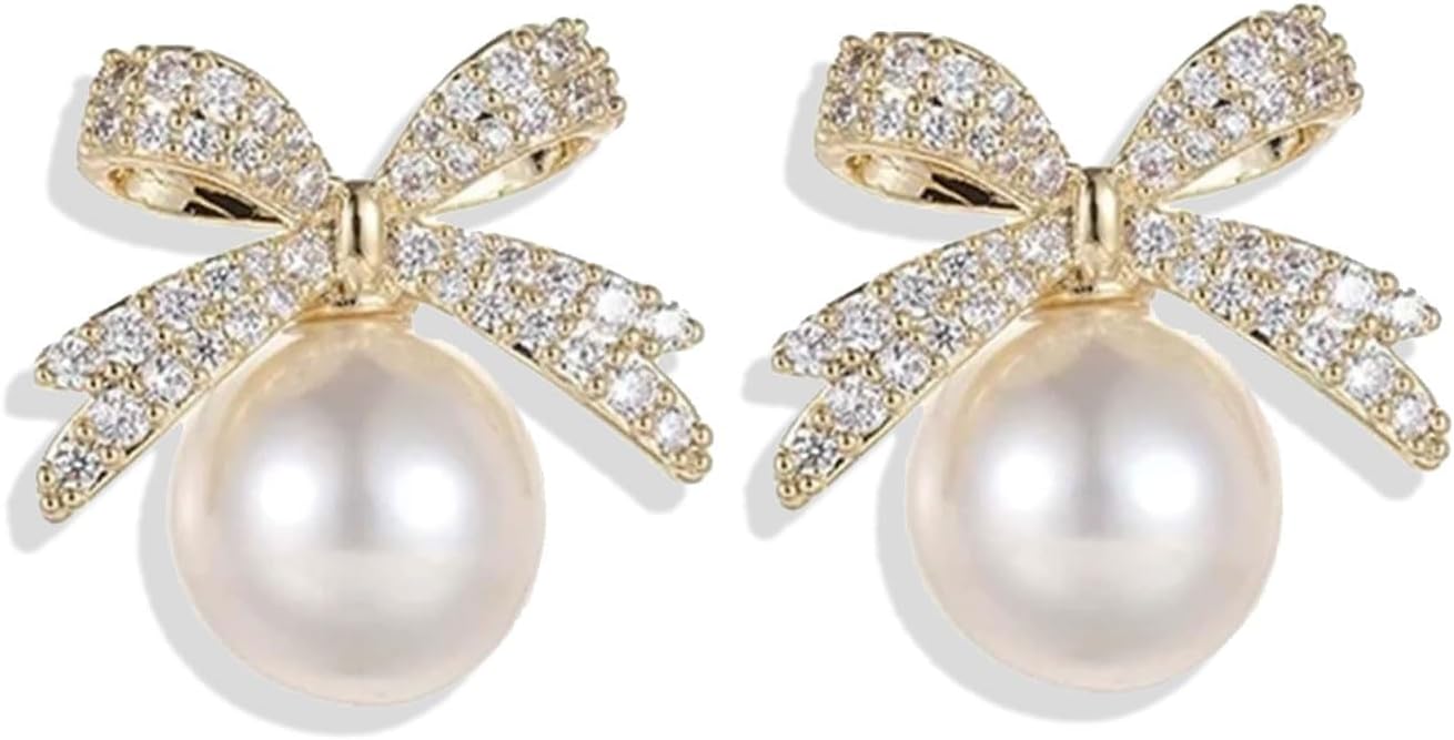 Bow Earrings for Women Dainty Rhinestone Pearl Stud