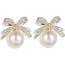 Pearl Bow Earrings for Women Coquette Aesthetic Jewelry Rhinestone Bow Earrings for Bridesmaids Wedding Party Accessories Bridal Costume Accents Bowknot Themed Gifts
