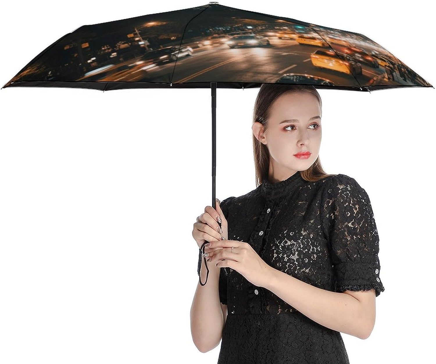 Busy Skyline at Night Windproof Travel Umbrella, One-Click Automatic Open And Close, Portable Compact Folding Umbrella for Women Men, Fits Backpack & Car
