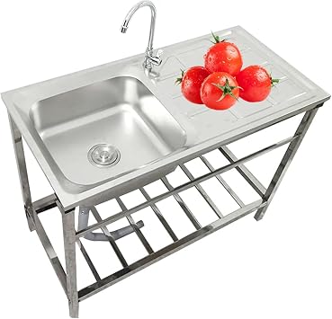 Single Bowl Utility Sink, Free Standing Stainless Steel 1 Compartment Kitchen Washing Station Hand Basin Prep Sink for Laundry Backyard Garage Camping Portable Handwashing Station