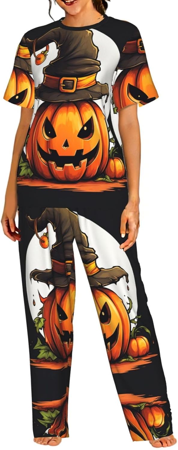 Halloween Horror Print Women'S Pajama Sets,Classic Round Neck Design,Perfect For Loungewear And Sleepwear