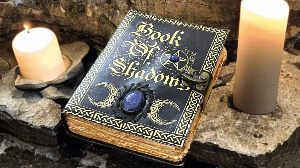 Leeres Zauberbuch der Schatten mit keltischem Lapislazuli Stein - Vintage Leder Journal mit Schloss, Grimoire Junk Journal, Leder Skizzenbuch Notizbuch, 200 Büttenseiten - Hexerei Geschenk für Sie