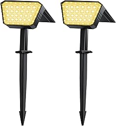 FIFlying Luces Solares LED Exterior Jardin 2 Piezas, 44 LED Focos LED Exterior Solares, 3 Modos Impermeable IP67 Foco Solar para Patio, Caminos, Terraza, Calzada, Piscina, Césped - Blanco Cálido