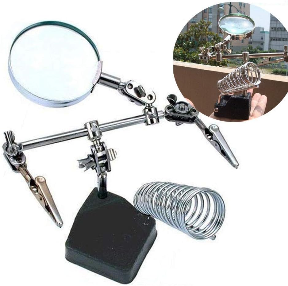 Professional Third Hand Soldering Iron Stand with Magnifying Glass Adjustable Arms Heavy Duty Base for Electronics Repair Jewelry Making Silver Black