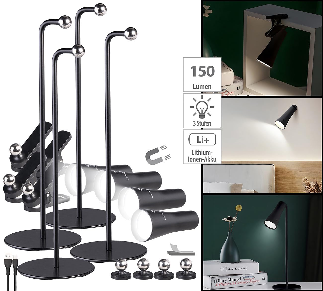 Lunartec Multi-Akku-Lampe: 4er-Set 4in1-Akku-Tisch-, Wand-, Klemm- & Taschenlampe, 3 Modi,schwarz (Stand-Lampe, Bilderlampe)
