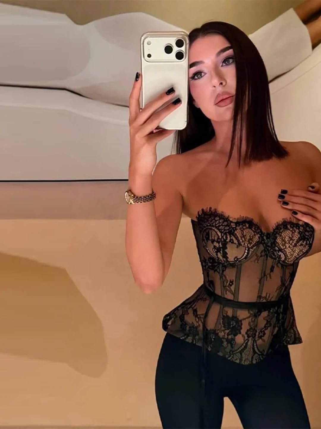 Women's Sexy See-Through Lace Tight Strapless Underwire Bodycon Sleeveless Backless Tie-Waist Bra