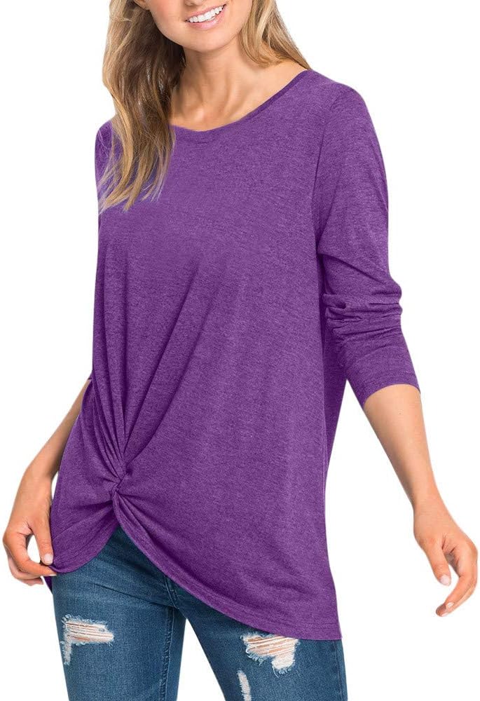Sunhusing Women's Solid Color Irregular Twist Knot Bow Long Sleeve Round Neck Top T-Shirt Blouse Beige
