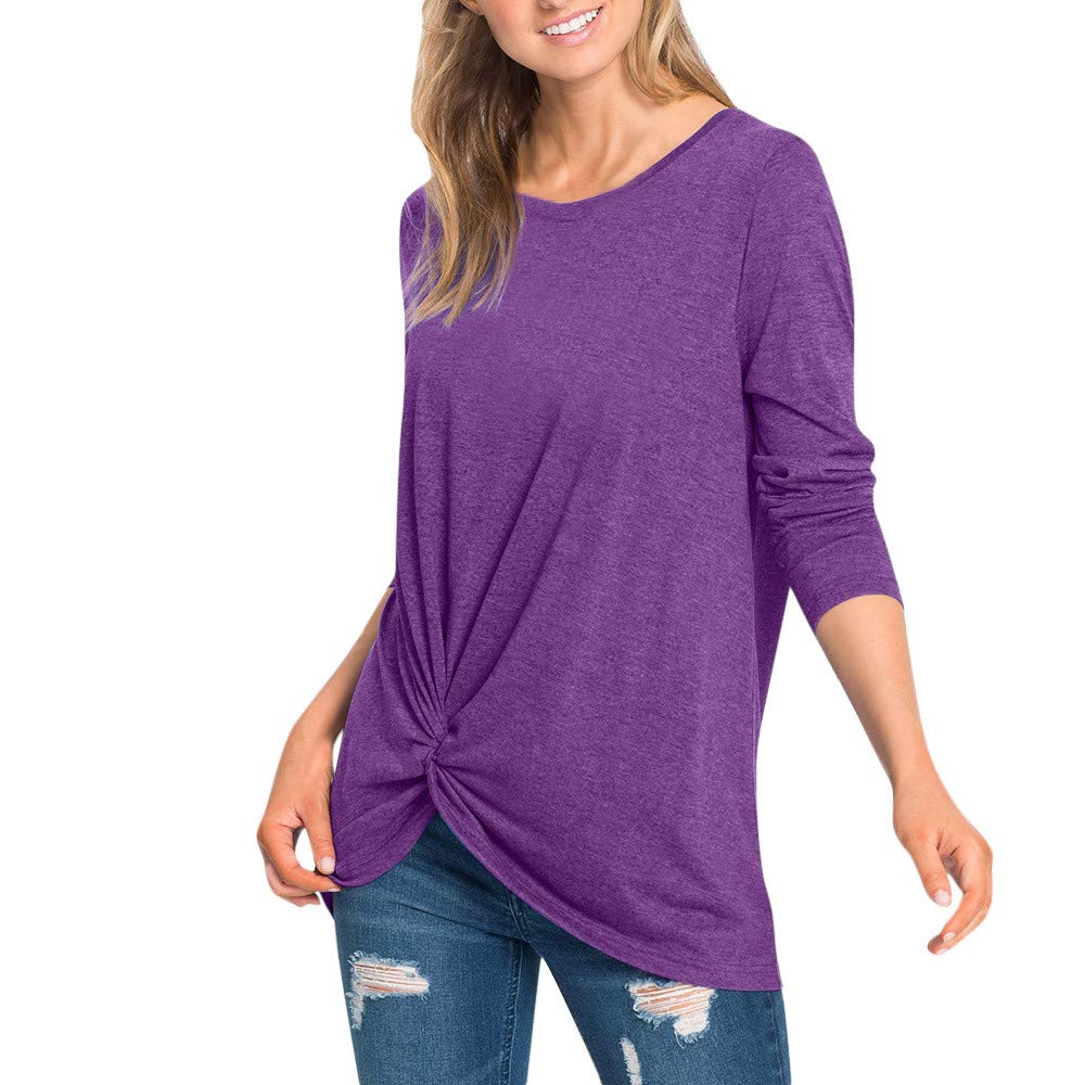 Sunhusing Women's Solid Color Irregular Twist Knot Bow Long Sleeve Round Neck Top T-Shirt Blouse Beige