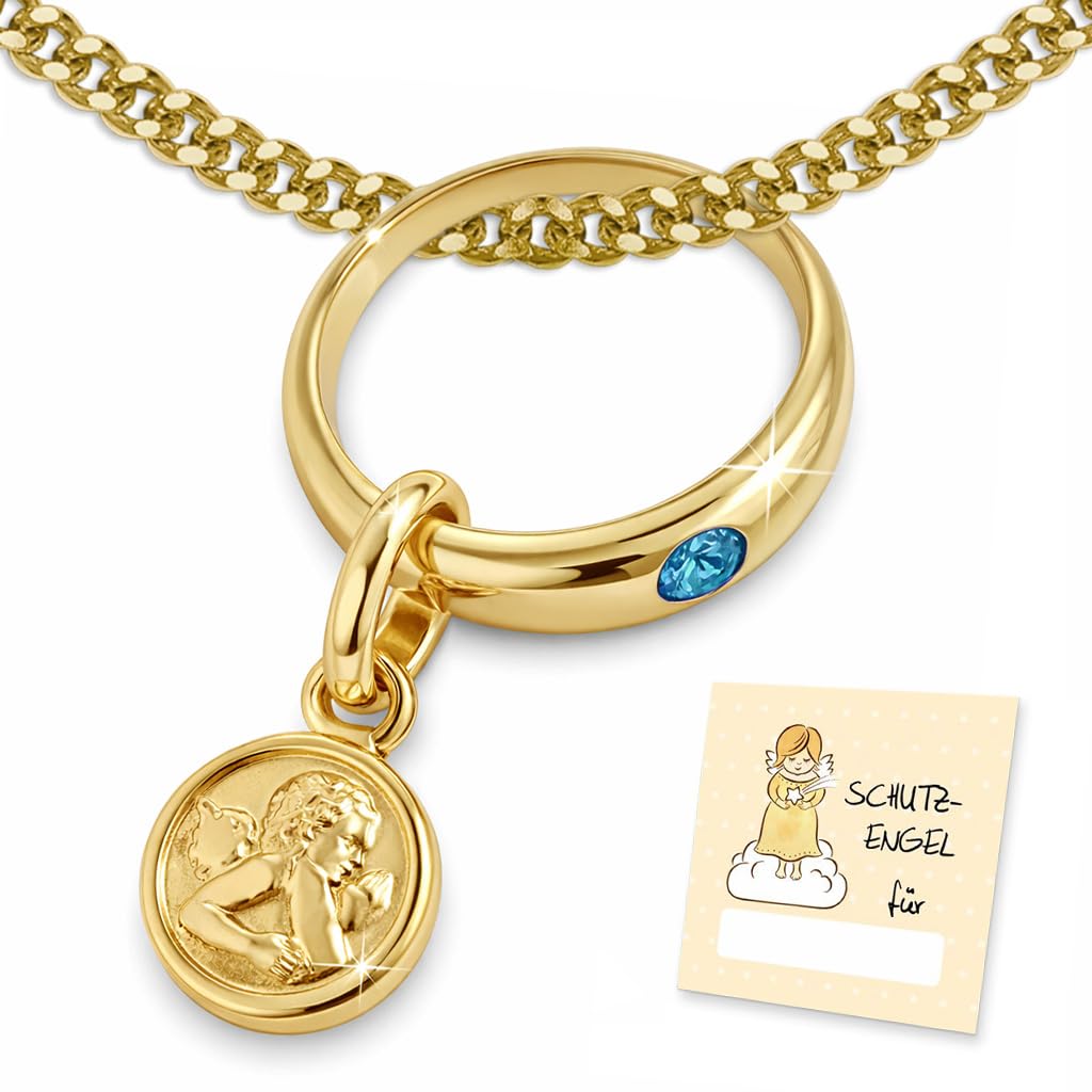 CLEVER SCHMUCK Cadena de bautizo de oro con ángel de la guarda, anillo de bautizo azul claro con cadena de eslabones de 36 cm, plata de ley 925 chapada en oro, en estuche