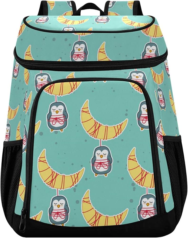 Penguins Moon Cooler Backpack Leakproof Backpack Cooler Insulated Lunch Cooler Bag 30 Cans Camping Coolers for Men Women