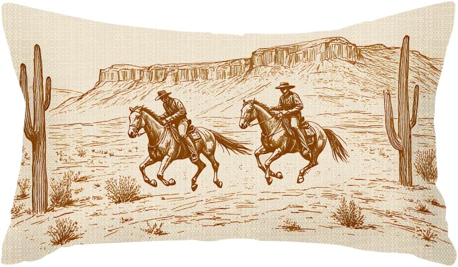 Throw Pillow Covers Cowboy Horse Riding American Wild West Desert Beige Pillow Cases Cotton Linen Waist Lumbar Cushion Cover Sofa Home Decorative Rectangle 12x20 Inches