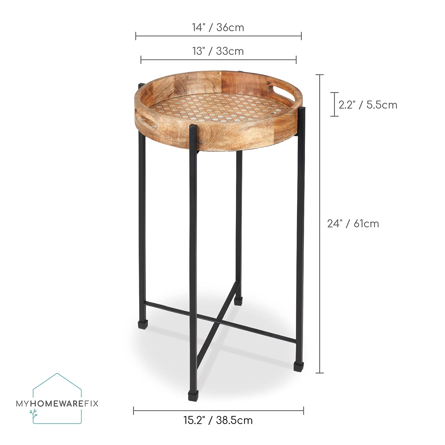 Round Wood and Metal Side Table, Removable Tray, Collapsible Stand