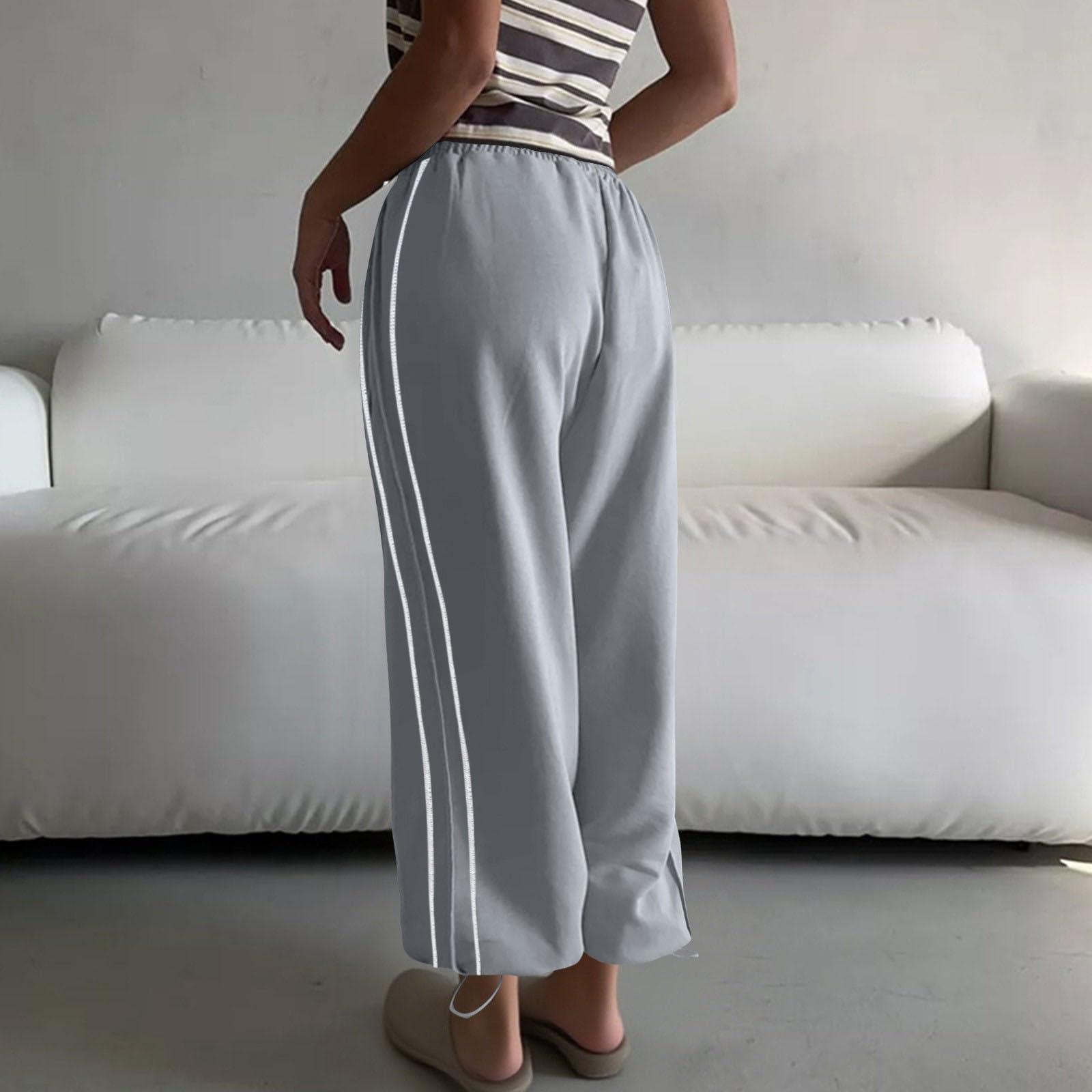 Générique Pantalons Fluide Tendance Femme Mi-Saison Ample Coupe Droit Pantalon Taille Haute Élastique Couleur Unie Urbain Street Décontracté Chic Pants Vêtements Loisir