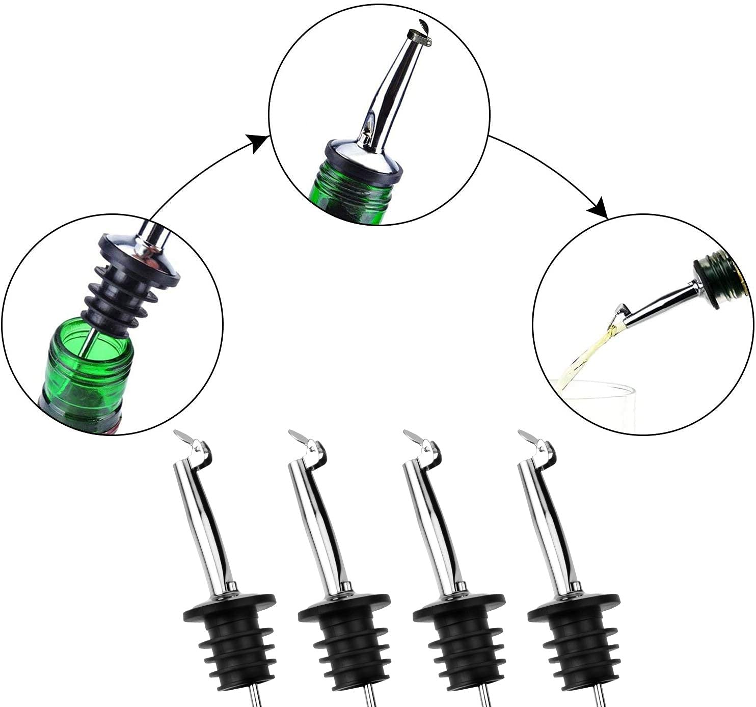 4 Versatori Per Liquori Con Tappo E Beccuccio Dosatore 2cl - Auto-pour Per Vino, Olio, Aceto - 3
