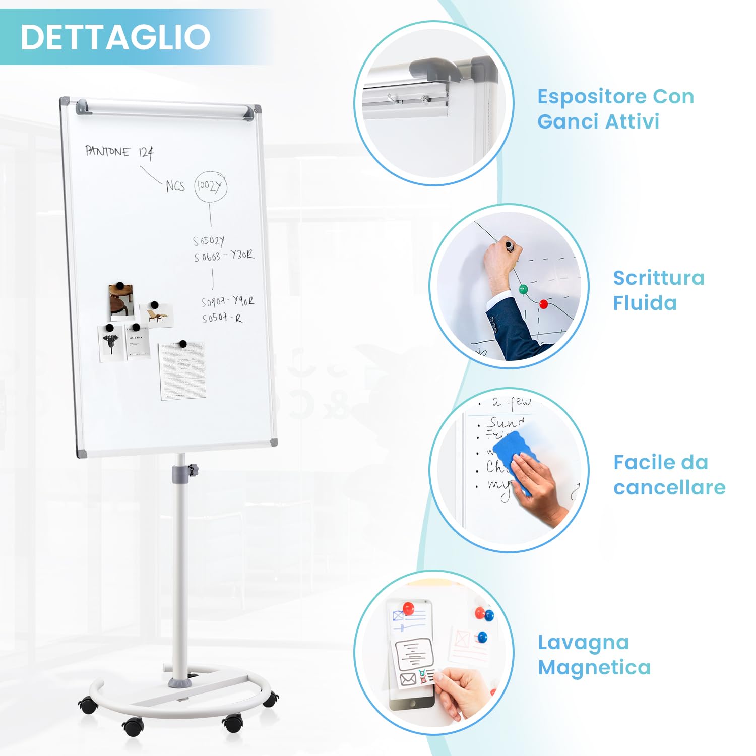 S SWANCROWN Lavagna a Fogli Mobili 100x70cm con Rotelle, Lavagna Magnetica con Cavalletto Altezza Regolabile Ufficio