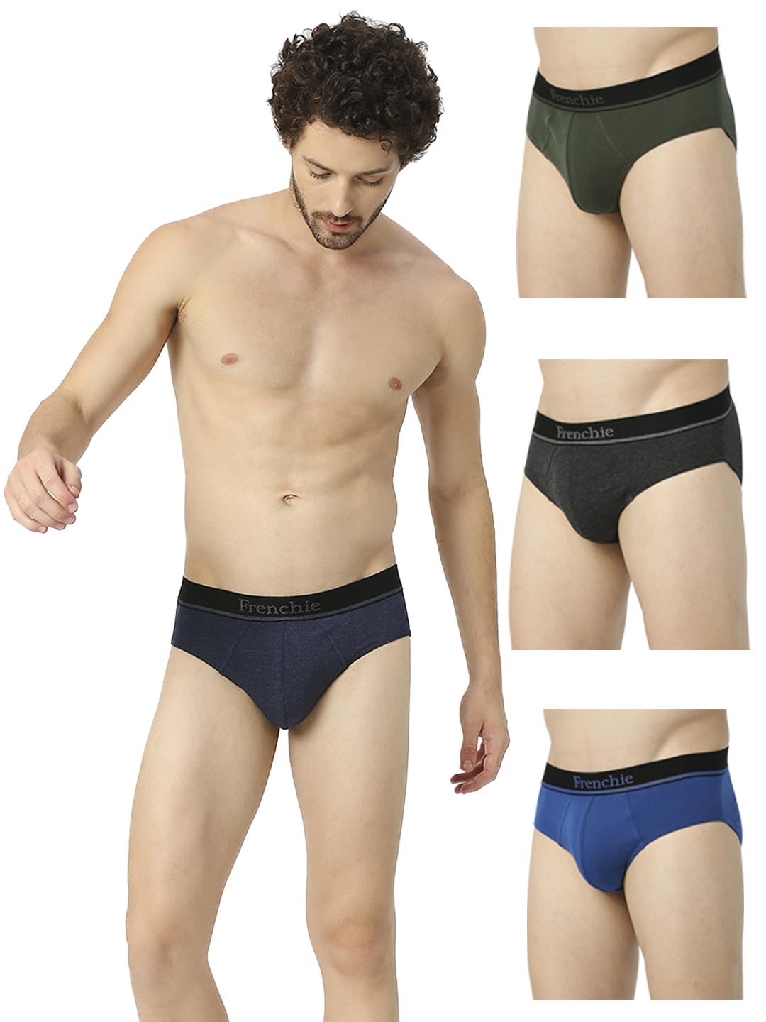 FrenchieEssentials Men's Brief 100% Cotton with Ultra-Soft Outer Elastic Waistband- Assorted (Pack of 4) (Size - L)