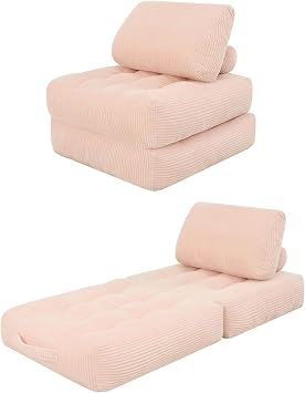 Blue Folding Sofa Bed - Convertible Sleeper Chair with Pillow & Back Support, Comfy Foldable Mattress, Portable Futon Fold Out Chair Bed for Living Room/Bedroom/Apartment Pink
