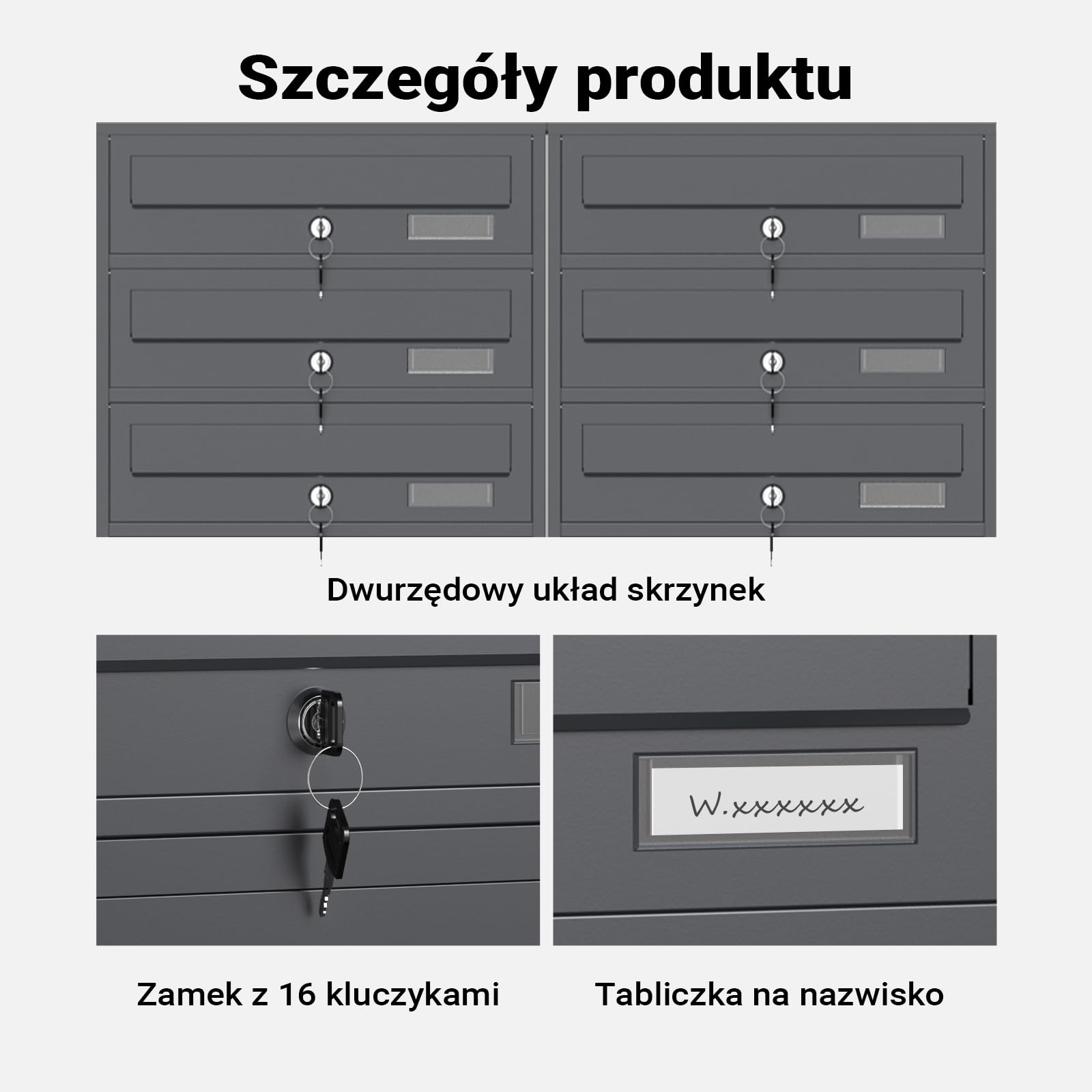 Wiltec Wolnostojąca skrzynka na listy antracytowa z 2 x 4 skrzynkami pocztowymi z zamkiem, do montażu podłogowego, idealna do budynków wielorodzinnych
