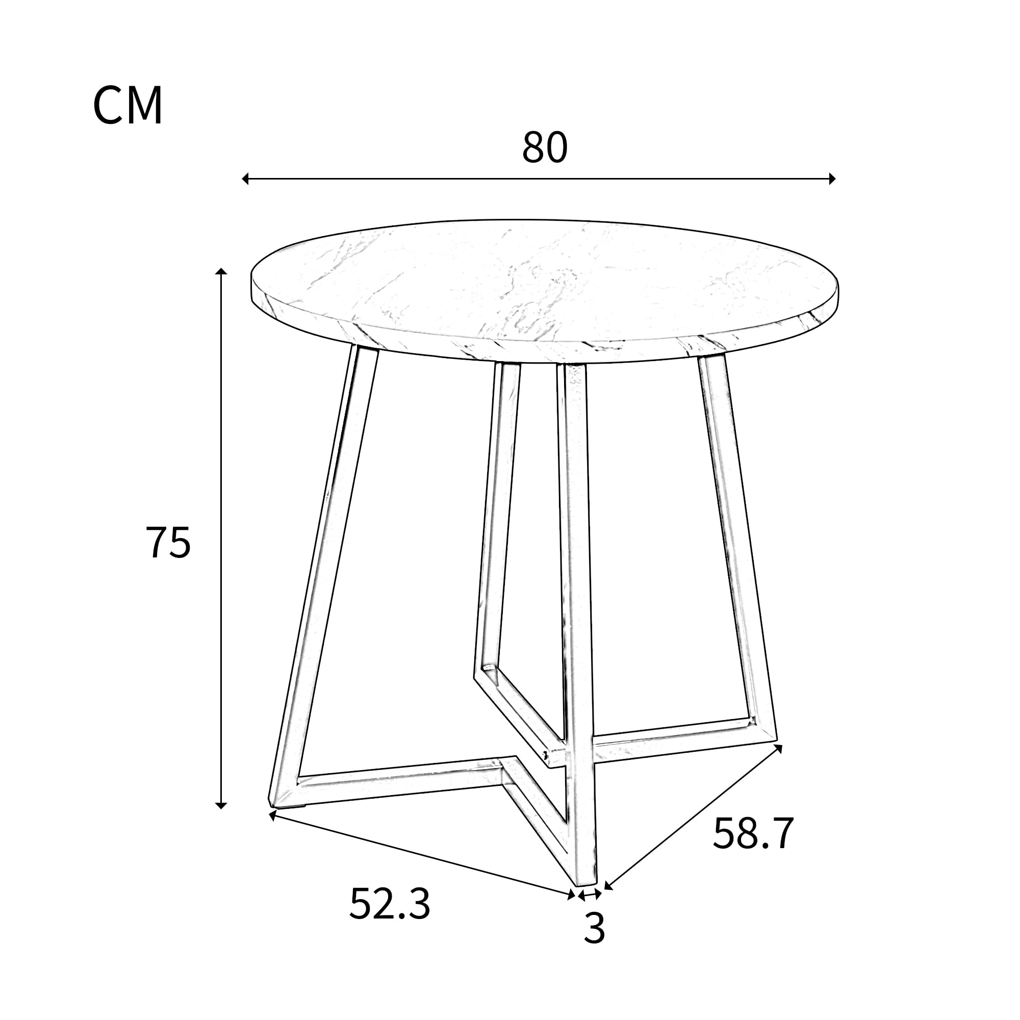 Tavolo Rotondo da Cucina in MDF con Gambe in Metallo, Tavolo da Pranzo Moderno con Motivo Marmo, per Esszimmer e Soggiorno, Bianco e Nero, Diametro 80 cm, Altezza 75 cm