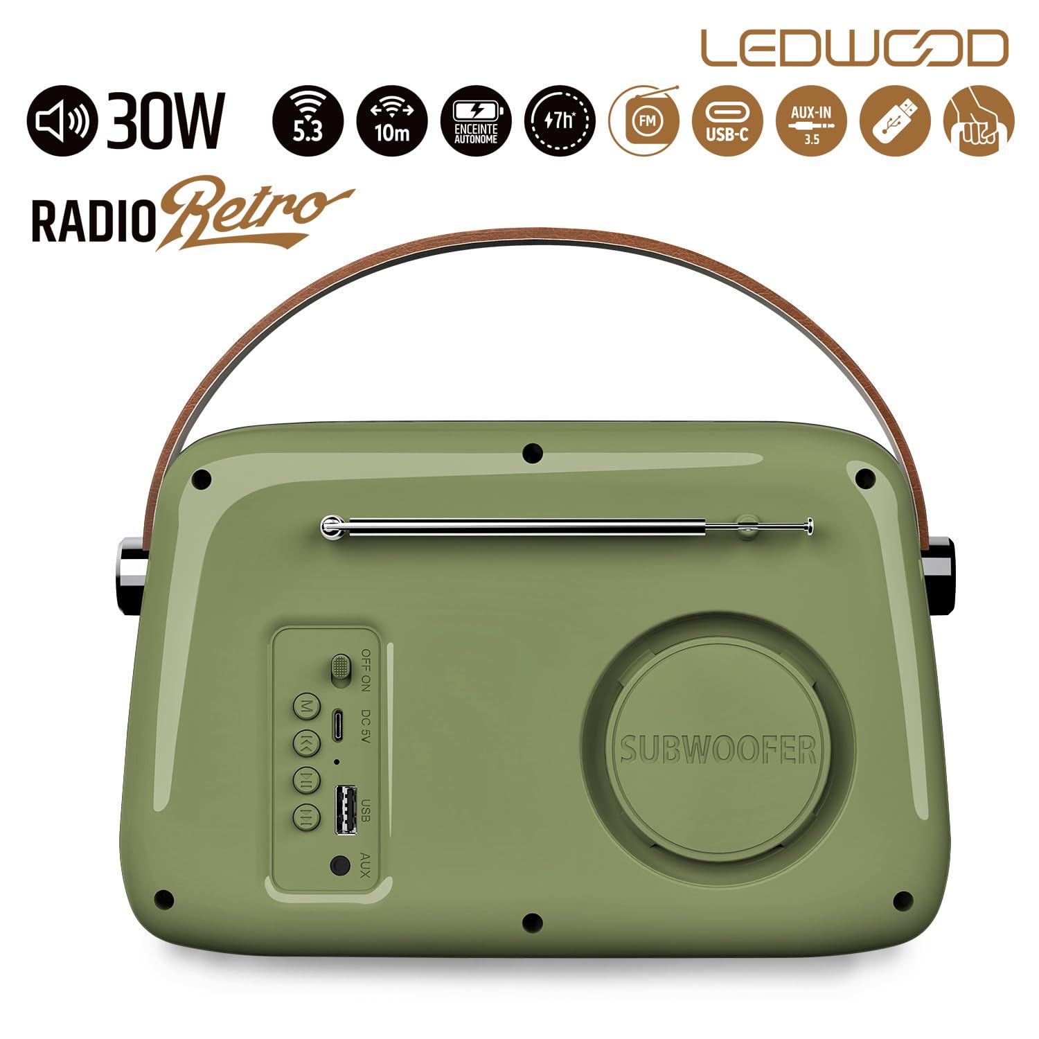 Radio Rétro Portable Ledwood Alma, FM, Bluetooth Entrée USB, Puissance 30W - Batterie 3,7V-1500mAh - Retro Vintage - Vert Olive