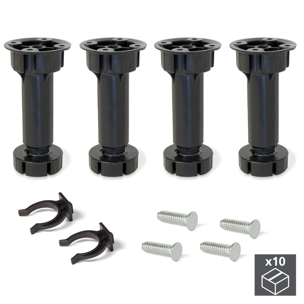 Emuca 2032617 Set aus 10 Sätzen aus 4 regulierbaren Füßen für Küche/Bad mit Zubehör Höhe 148-165mm aus schwarzem Kunststoff, H 150 mm