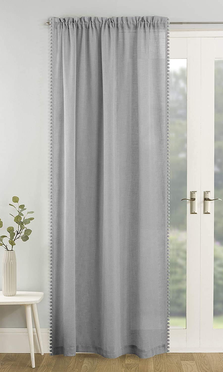 Tyrone Textiles Tahiti Grey Pom Pom Trim Linen Look Voile Panel (Drop - 72" (183cm))