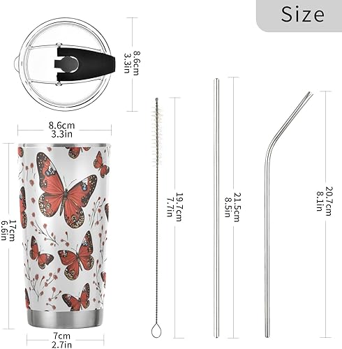 Miniatura 3 de Taza de café de acero inoxidable con diseño de mariposa roja, tapa a prueba de fugas y pajita para agua, té helado o café, vaso aislado al vacío