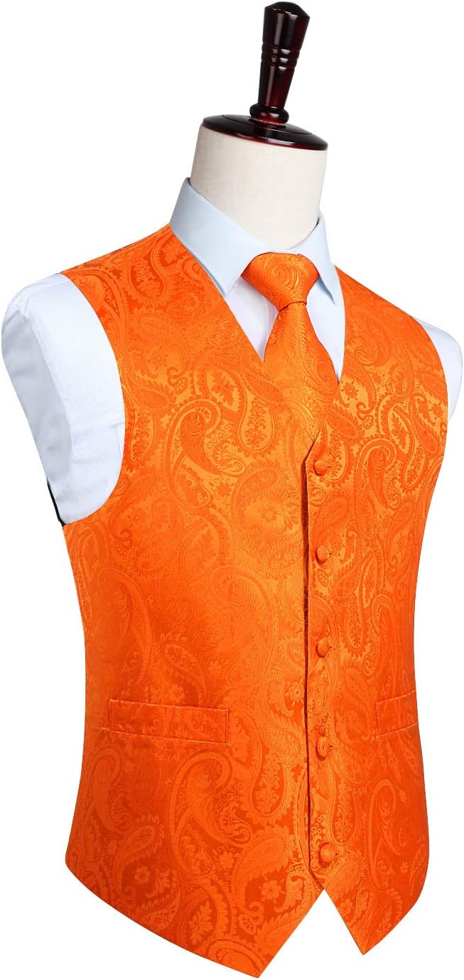 HISDERN Vest and Tie Sets for Men Vests Paisley Floral Jacquard Necktie Pocket Square 3PCS Waistcoat for Suit or Tuxedo