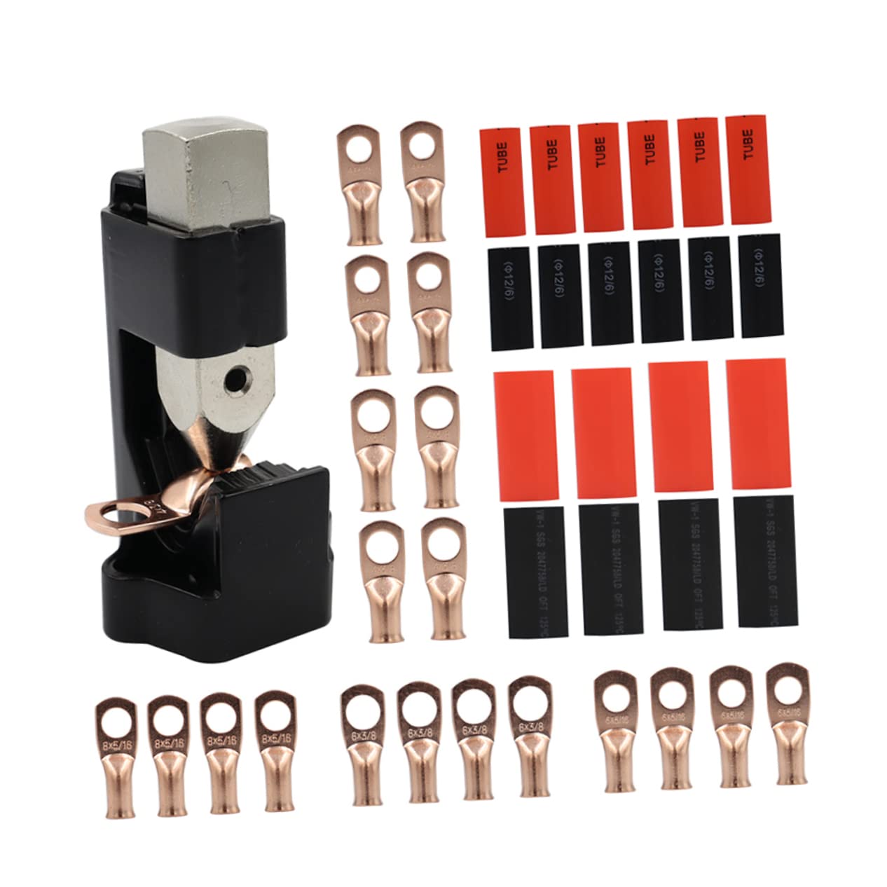 OSALADI Pinza Crimpatrice per Connettori Batteria 1/0 in Acciaio con 4 Connettori 3/8 in Rame, Strumento per Cavi Elettrici e Saldatura, per Progetti Auto e Nautici