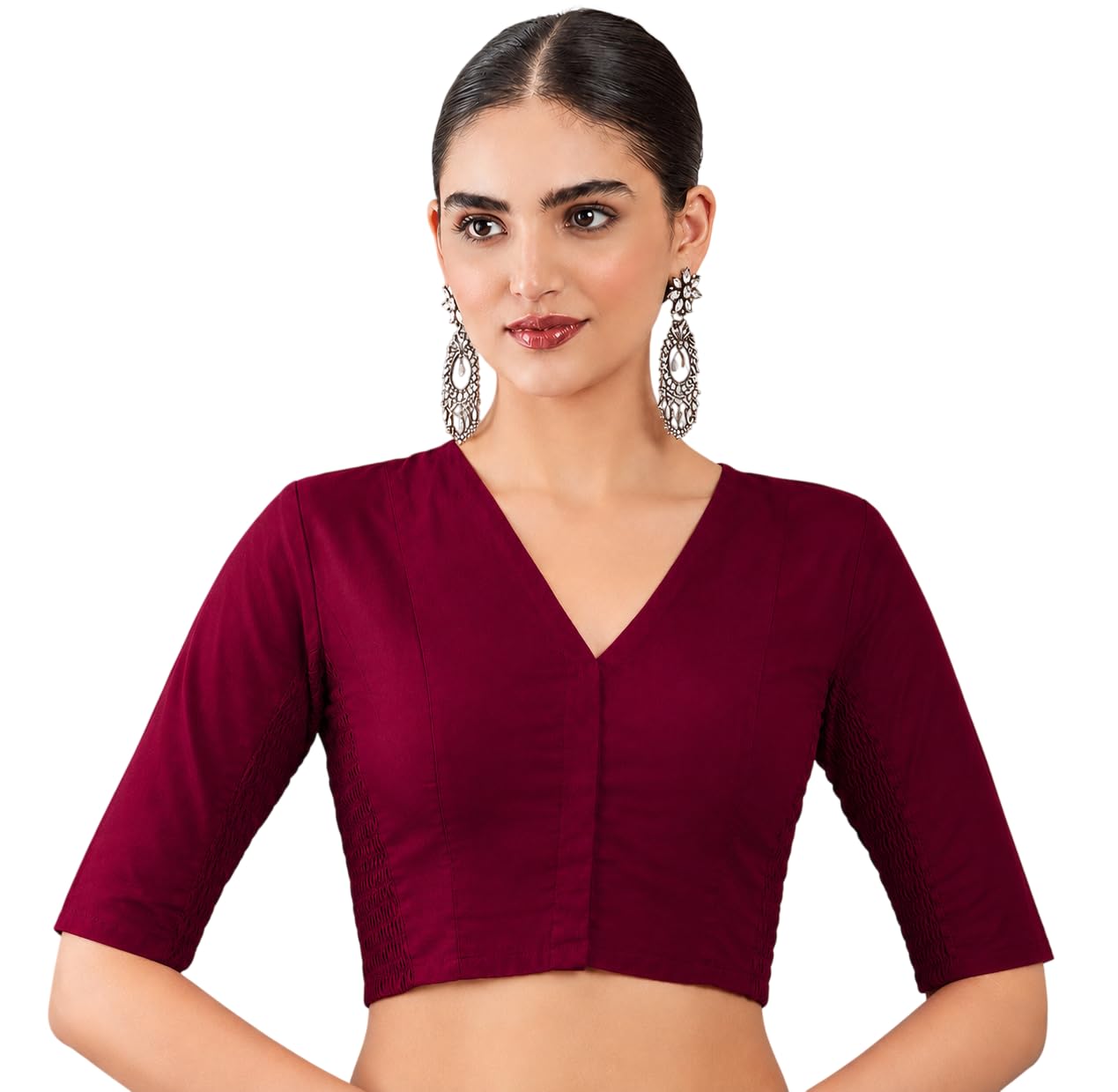 Women's V Neck Fandy Half Sleeve Stretchable Smocked with Front Hook Readymade Saree Blouse Pink-image-31