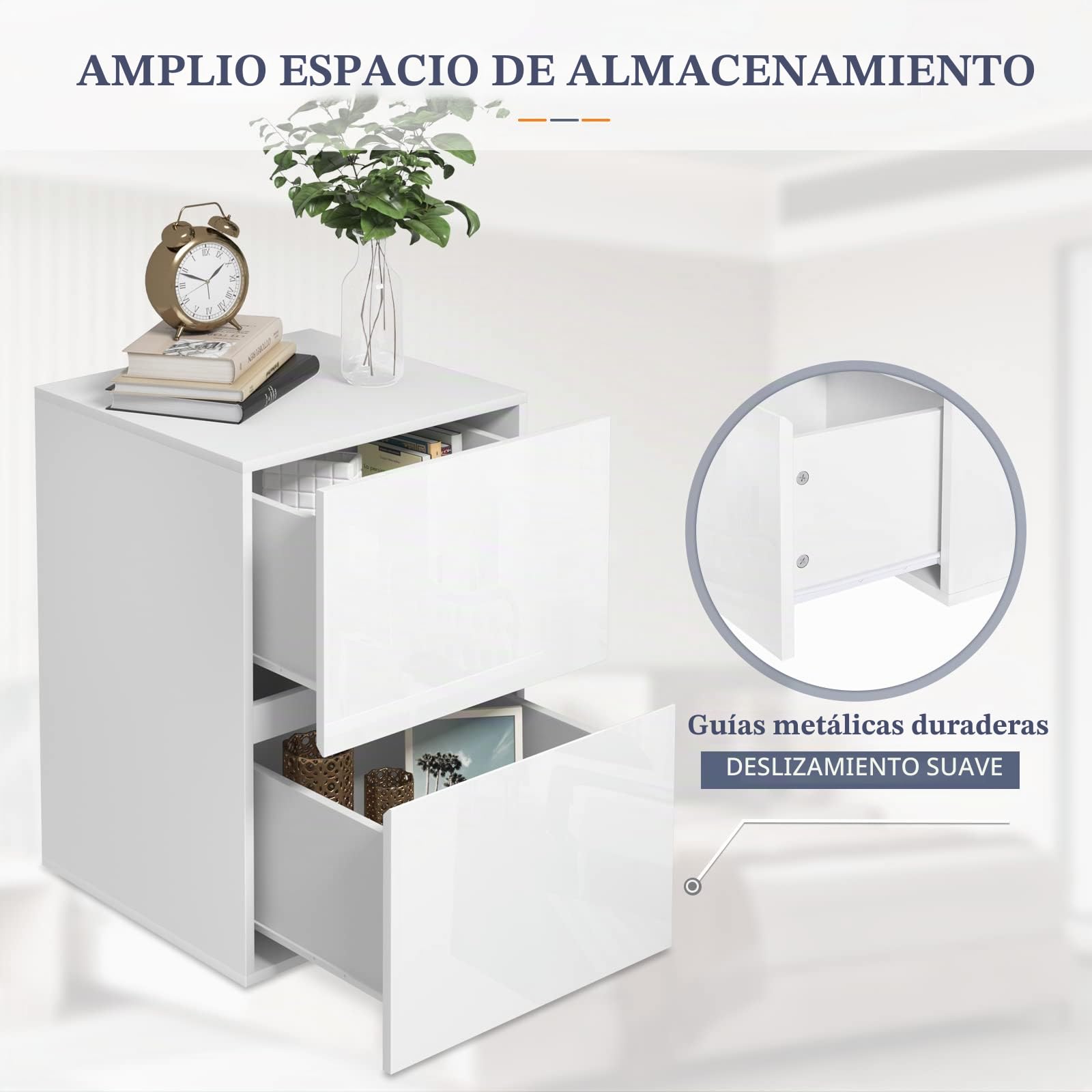 EUGAD 2X Mesita de Noche con 2 Cajones Brillantes, Mesilla de Noche con Gran Espacio de Almacenamiento, 40x40x58 cm, Muebles de Dormitorio de Madera, Estilo Moderno, Blanca, 0182ZZ-2